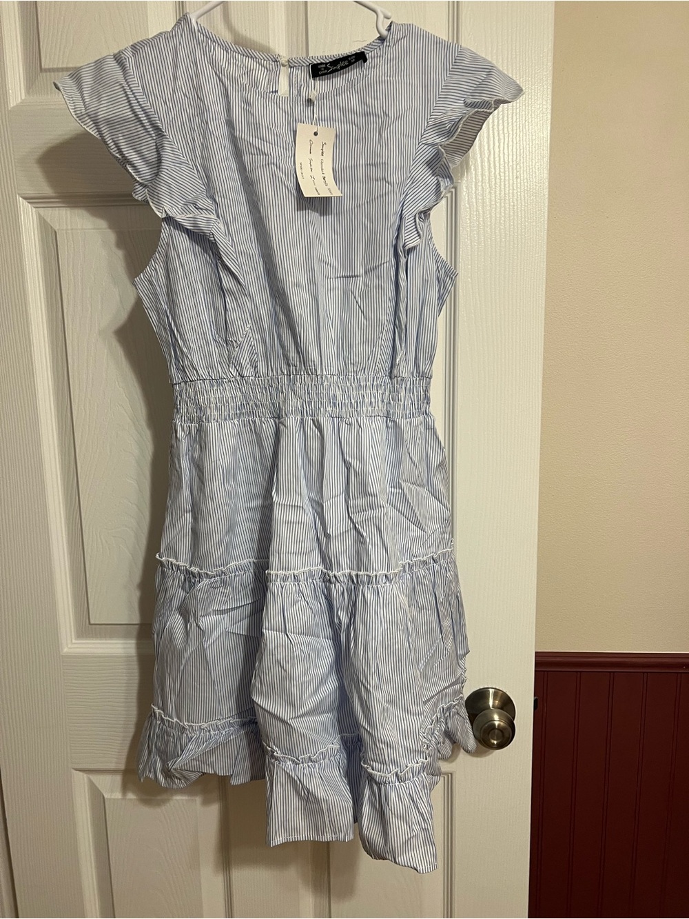 Light Blue Striped Ruffle Womens Dress